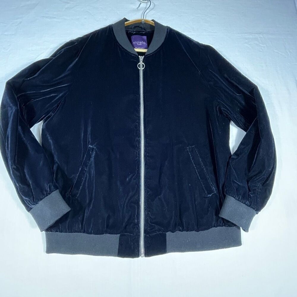 Violeta By Mango Black Velvet Long Sleeve Zip Front Bomber Jacket Size Medium